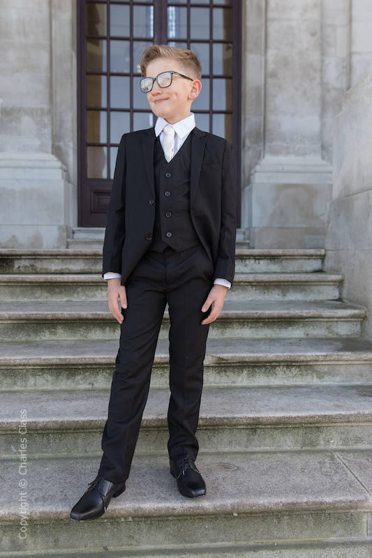 Boys Black Slim Fit Wedding Suit with Ivory Tie | Charles Class